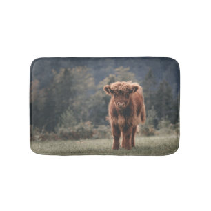 Highland cow calf autumn grass field bath mat