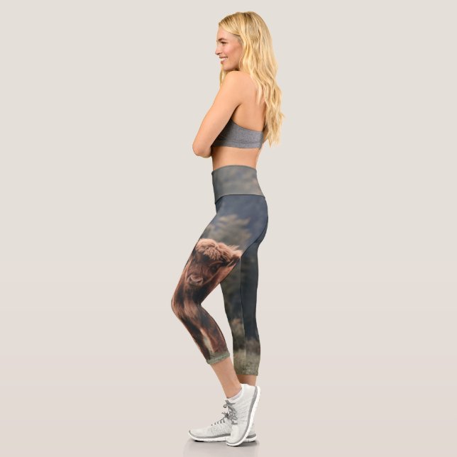 Highland cow calf autumn grass field capri leggings (Left)