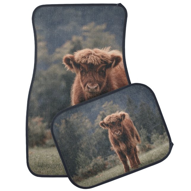 Highland cow calf autumn grass field car floor mat (Set)