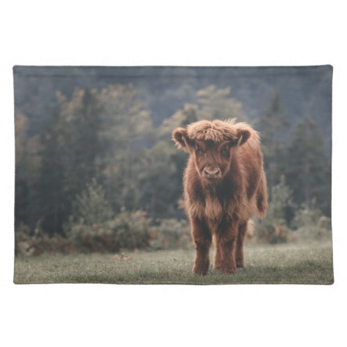 Highland cow calf autumn grass field cloth placemat