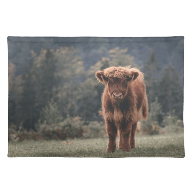 Highland cow calf autumn grass field cloth placemat (Front)