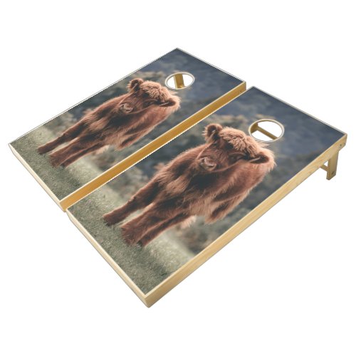 Highland cow calf autumn grass field cornhole set