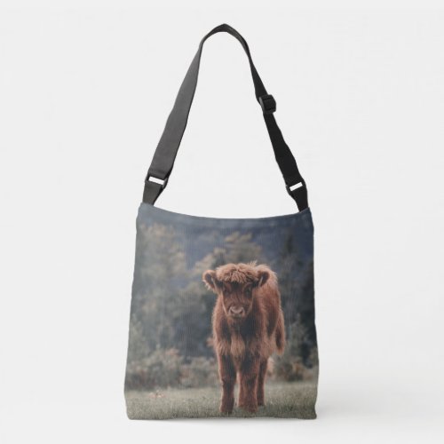 Highland cow calf autumn grass field crossbody bag