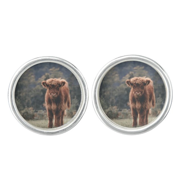 Highland cow calf autumn grass field cufflinks (Front)