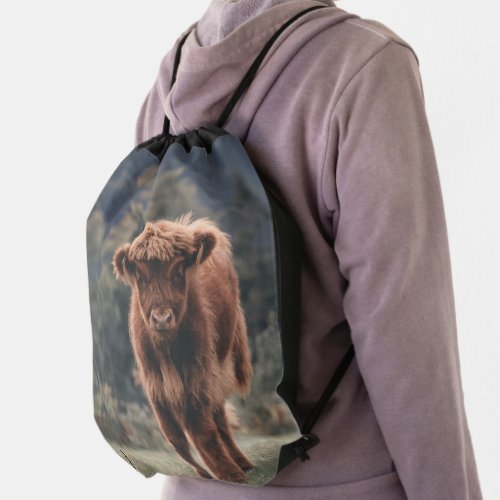 Highland cow calf autumn grass field drawstring bag