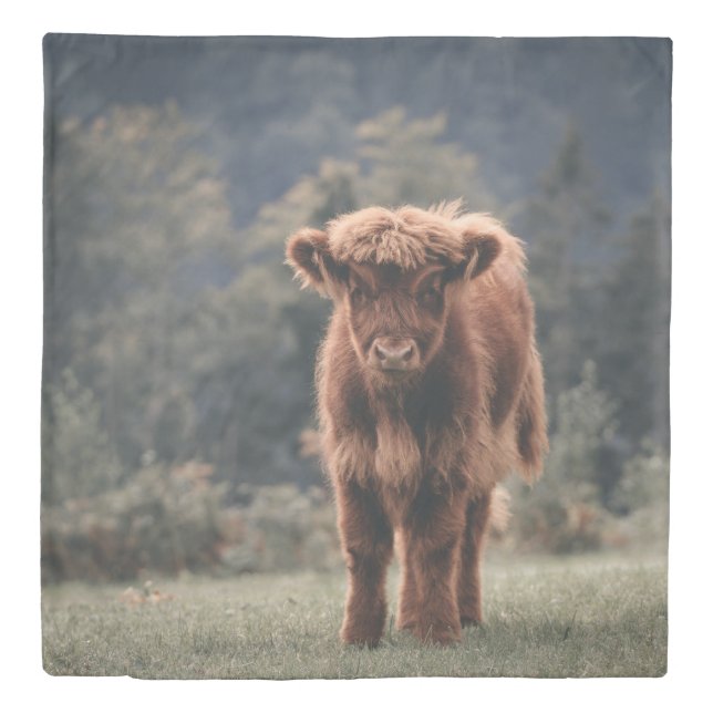 Highland cow calf autumn grass field duvet cover (Front)