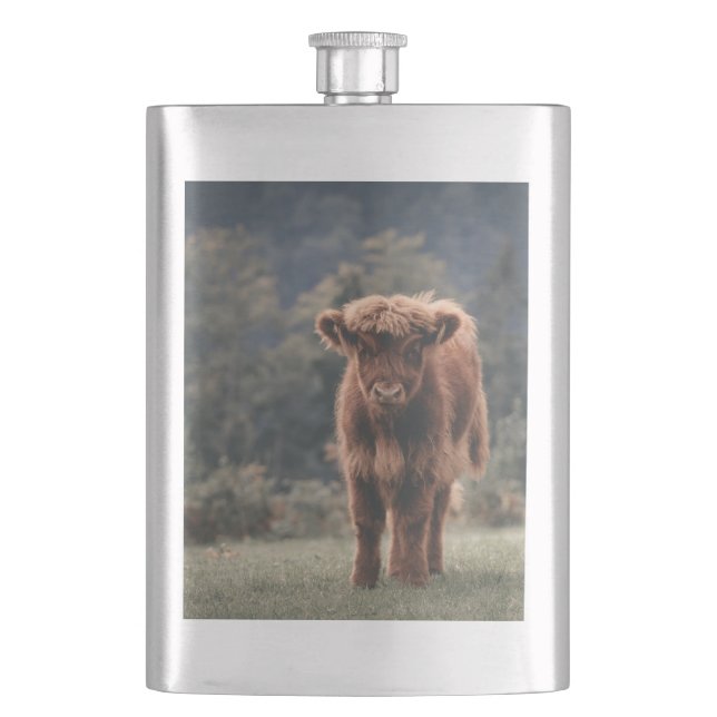 Highland cow calf autumn grass field flask (Front)