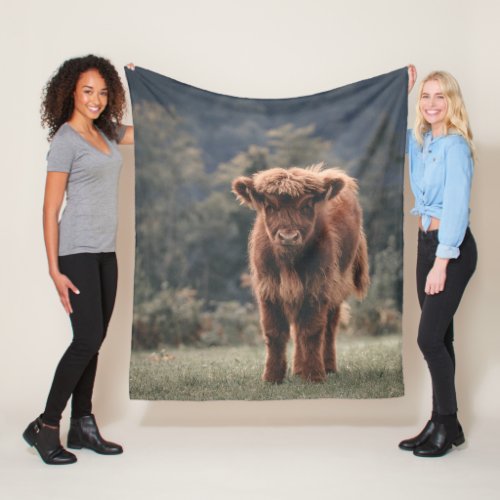 Highland cow calf autumn grass field fleece blanket