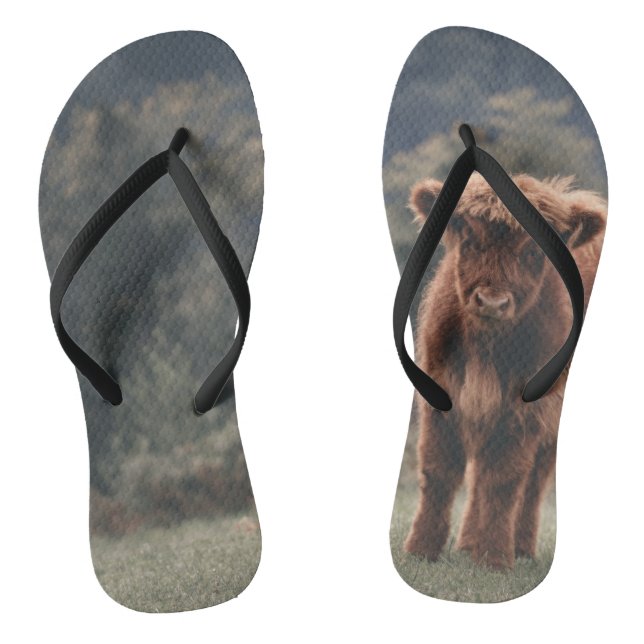 Highland cow calf autumn grass field flip flops (Footbed)
