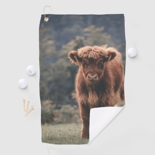 Highland cow calf autumn grass field golf towel (InSitu)
