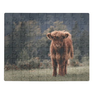 Highland cow calf autumn grass field jigsaw puzzle