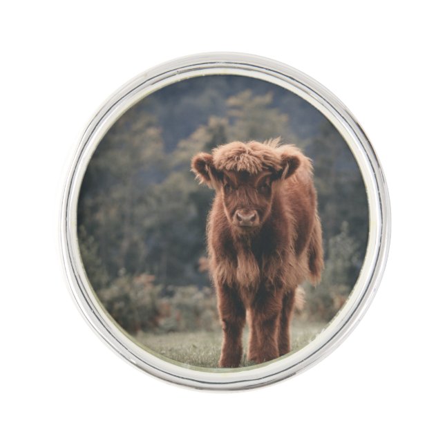 Highland cow calf autumn grass field lapel pin (Front)