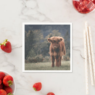 Highland cow calf autumn grass field napkins