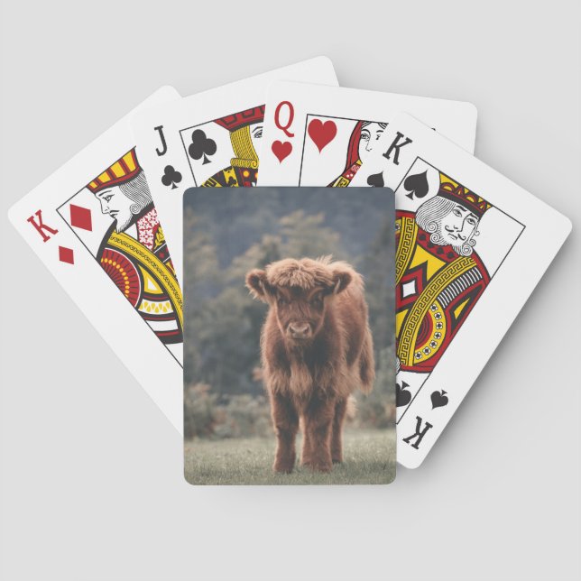 Highland cow calf autumn grass field poker cards (Back)