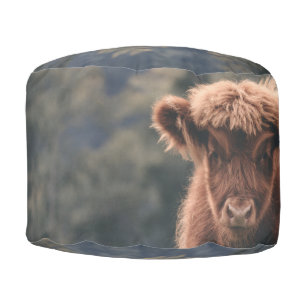 Highland cow calf autumn grass field pouf