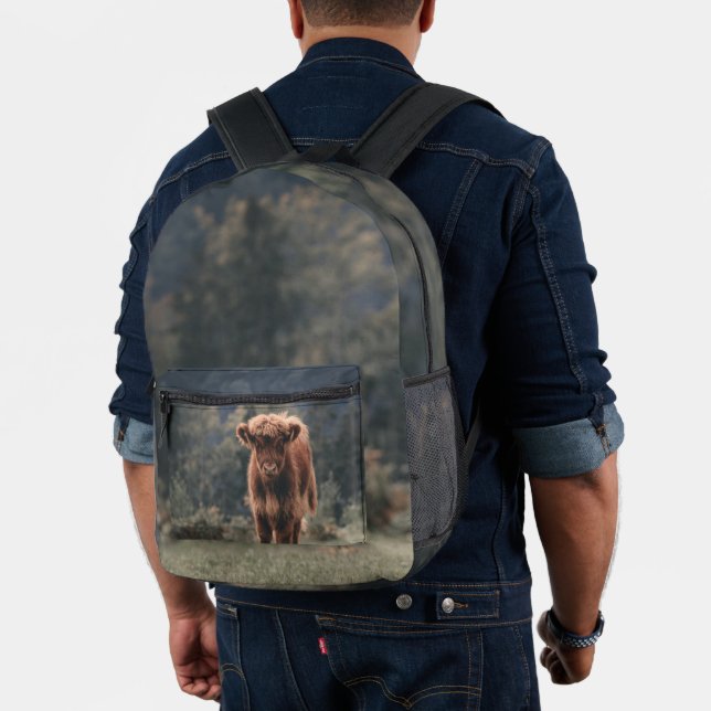 Highland cow calf autumn grass field printed backpack (Insitu (Model))