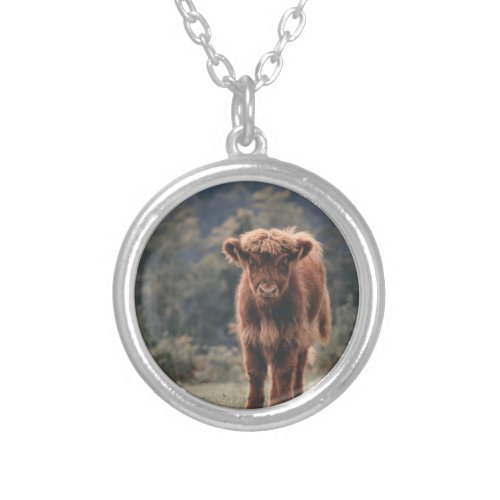 Highland cow calf autumn grass field silver plated necklace