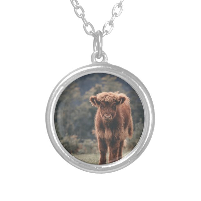Highland cow calf autumn grass field silver plated necklace (Front)