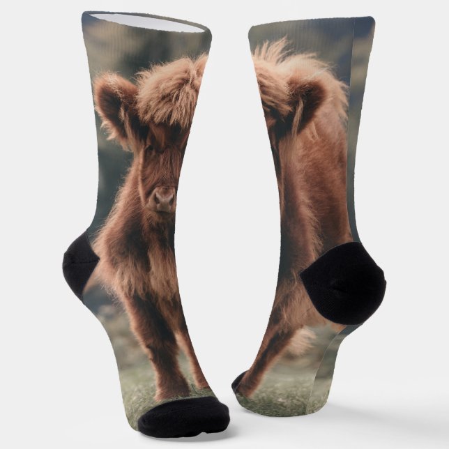 Highland cow calf autumn grass field socks (Angled)