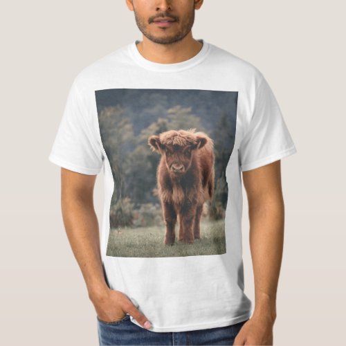 Highland cow calf autumn grass field T_Shirt