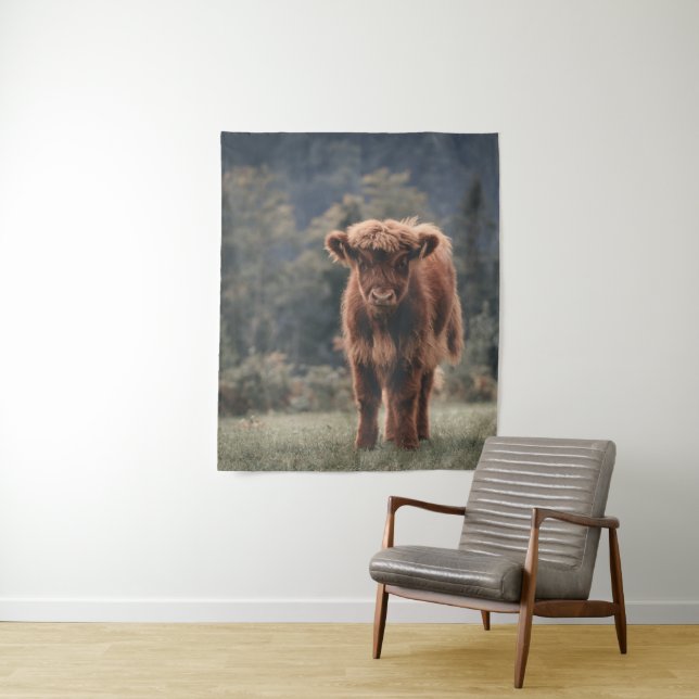 Highland cow calf autumn grass field tapestry (In Situ)