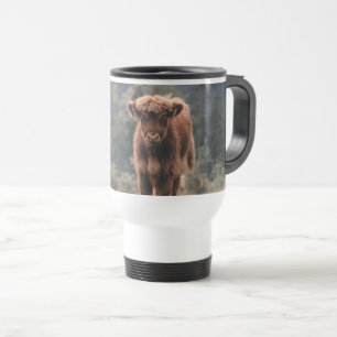 Highland cow calf autumn grass field travel mug