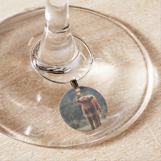 Highland cow calf autumn grass field wine charm (In Situ)