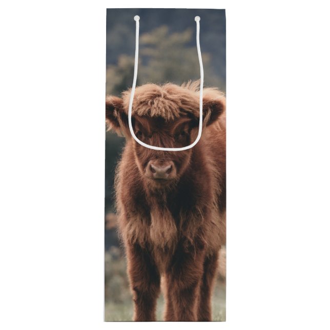 Highland cow calf autumn grass field wine gift bag (Front)