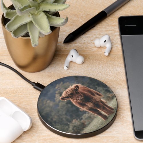 Highland cow calf autumn grass field wireless charger 