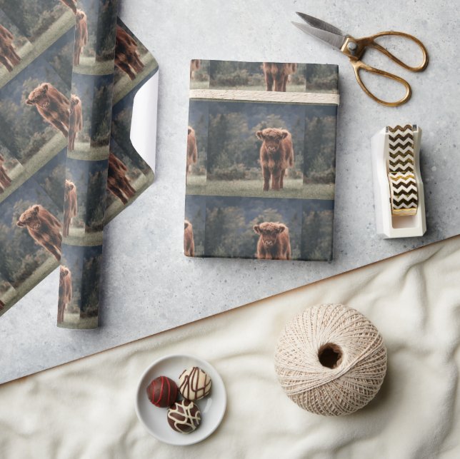 Highland cow calf autumn grass field wrapping paper (Crafts)