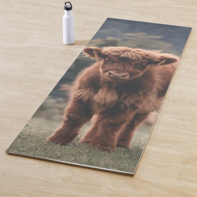 Highland cow calf autumn grass field yoga mat (In Situ)