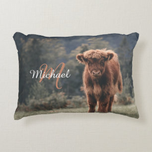 Highland cow calf autumn grass monogram initial accent pillow
