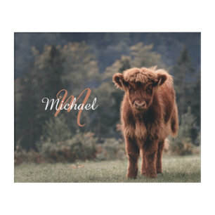 Highland cow calf autumn grass monogram initial acrylic print