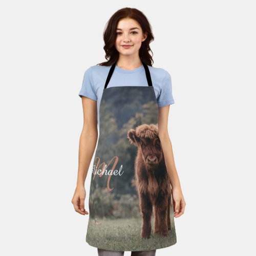 Highland cow calf autumn grass monogram initial apron