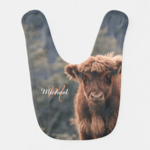 Highland cow calf autumn grass monogram initial baby bib