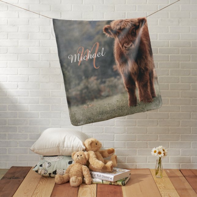 Highland cow calf autumn grass monogram initial baby blanket (In Situ)