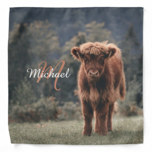 Highland cow calf autumn grass monogram initial bandana