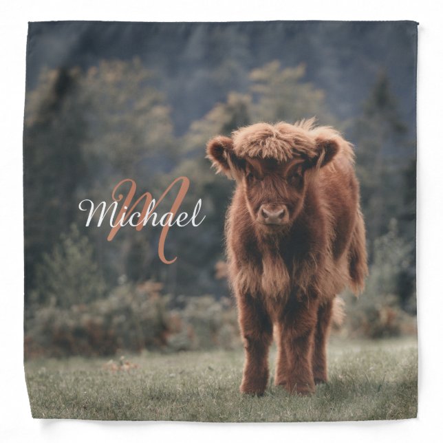 Highland cow calf autumn grass monogram initial bandana (Front)