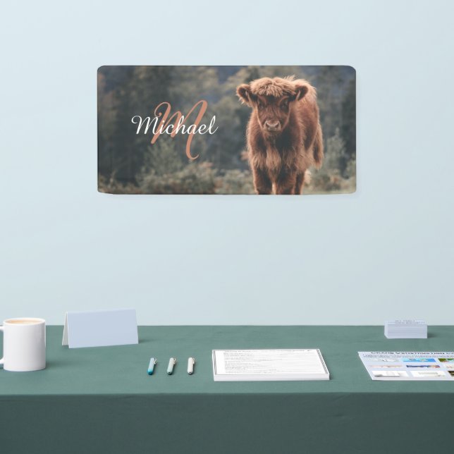 Highland cow calf autumn grass monogram initial banner (Tradeshow)