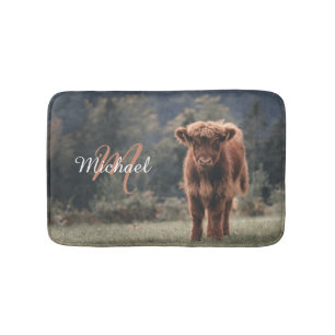 Highland cow calf autumn grass monogram initial bath mat