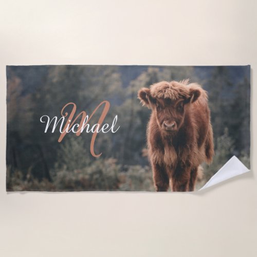 Highland cow calf autumn grass monogram initial beach towel