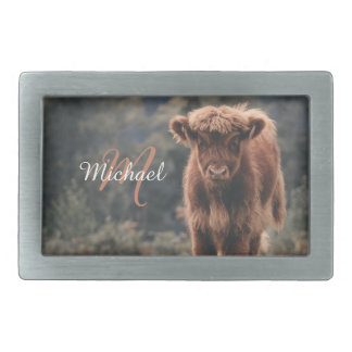 Highland cow calf autumn grass monogram initial belt buckle