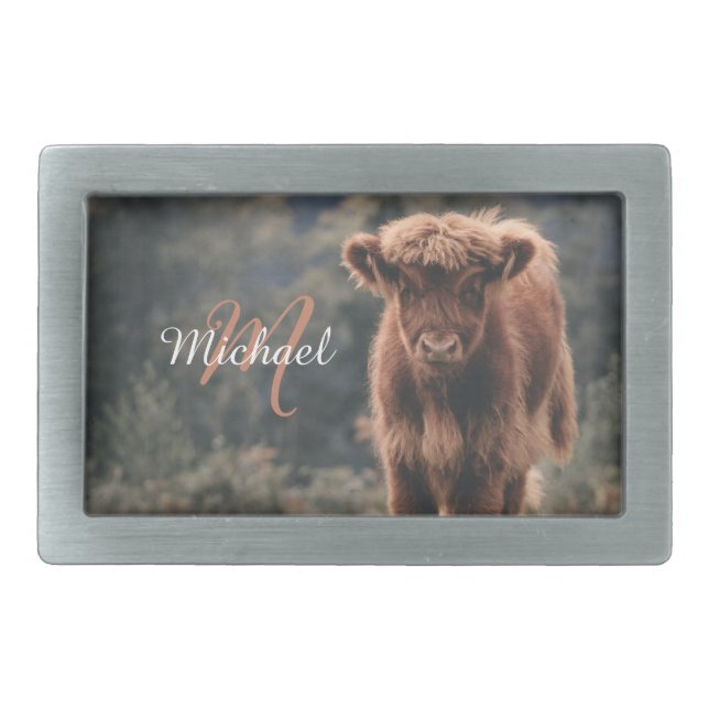 Highland cow calf autumn grass monogram initial belt buckle (Front)
