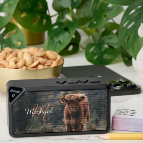 Highland cow calf autumn grass monogram initial bluetooth speaker