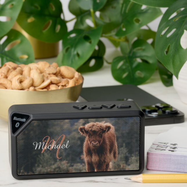 Highland cow calf autumn grass monogram initial bluetooth speaker (Insitu(Table))