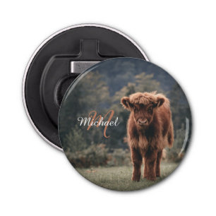 Highland cow calf autumn grass monogram initial bottle opener