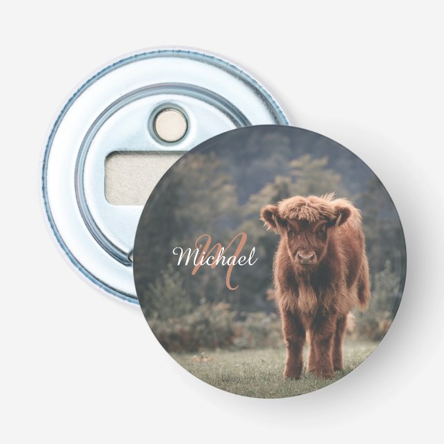 Highland cow calf autumn grass monogram initial bottle opener (Front)