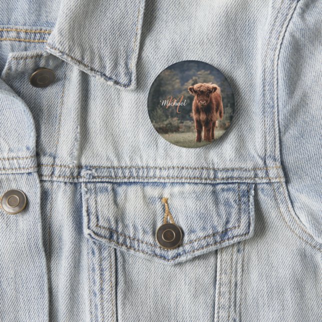 Highland cow calf autumn grass monogram initial button (In Situ)