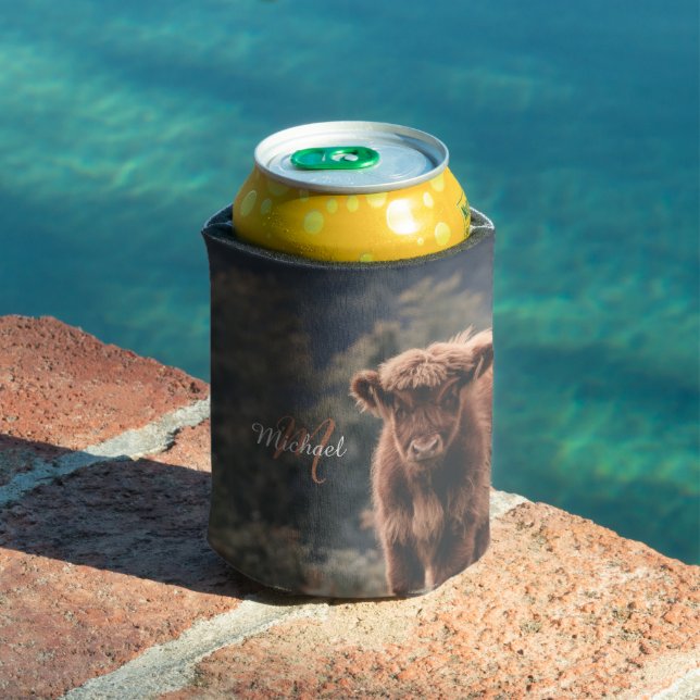 Highland cow calf autumn grass monogram initial can cooler (In Situ Pool)