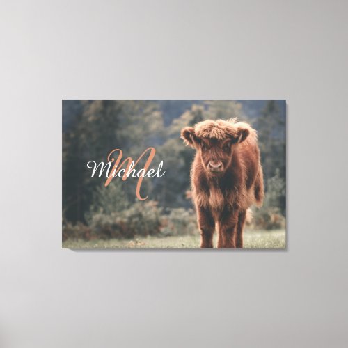 Highland cow calf autumn grass monogram initial canvas print